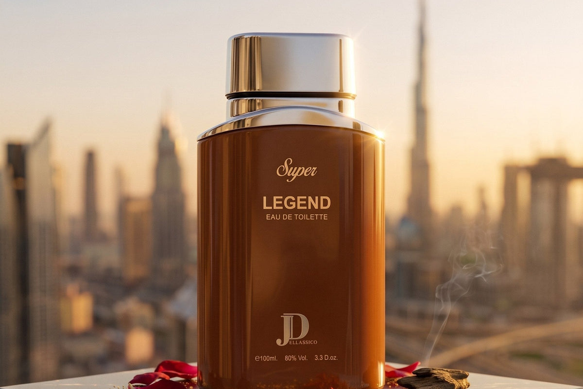 Parfumul Super Legend, pe a cărui etichetă scrie Eau de Toilette, pe marmură neagră, cu orașul la apus în fundal