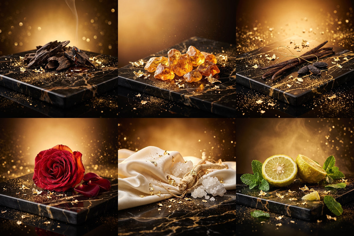 Șase ingrediente pe marmură neagră: lemn de oud, rășină de ambră, vanilie, trandafir roșu, mătase cu cristale albe și citrice cu mentă