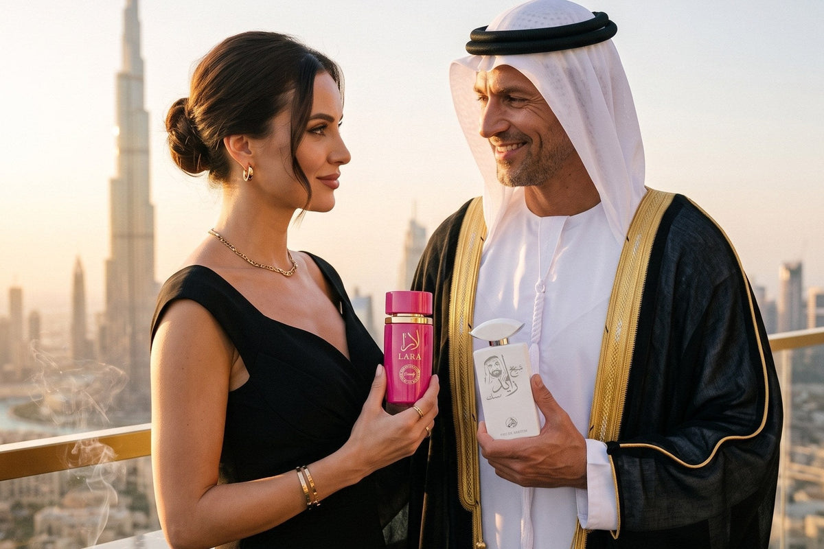 Femeie în rochie neagră cu parfumul Lara Candy și un șeic cu Shaikh Zayed Musk, pe o terasă la apus