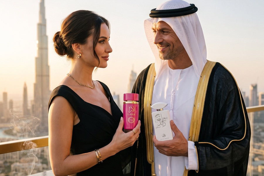 Femeie în rochie neagră cu parfumul Lara Candy și un șeic cu Shaikh Zayed Musk, pe o terasă la apus