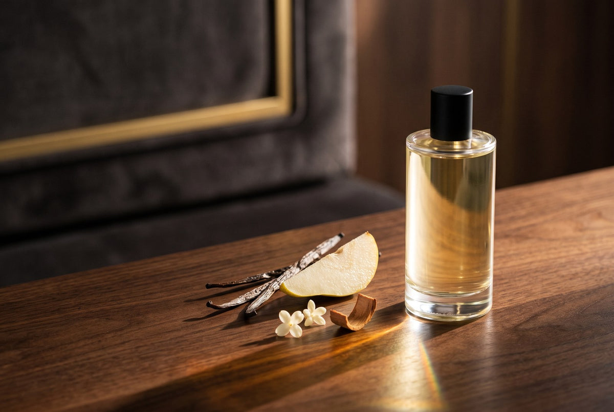 Parfum cu nuanță aurie lângă vanilie, pară, flori albe și lemn, pe o masă luminată de soare.