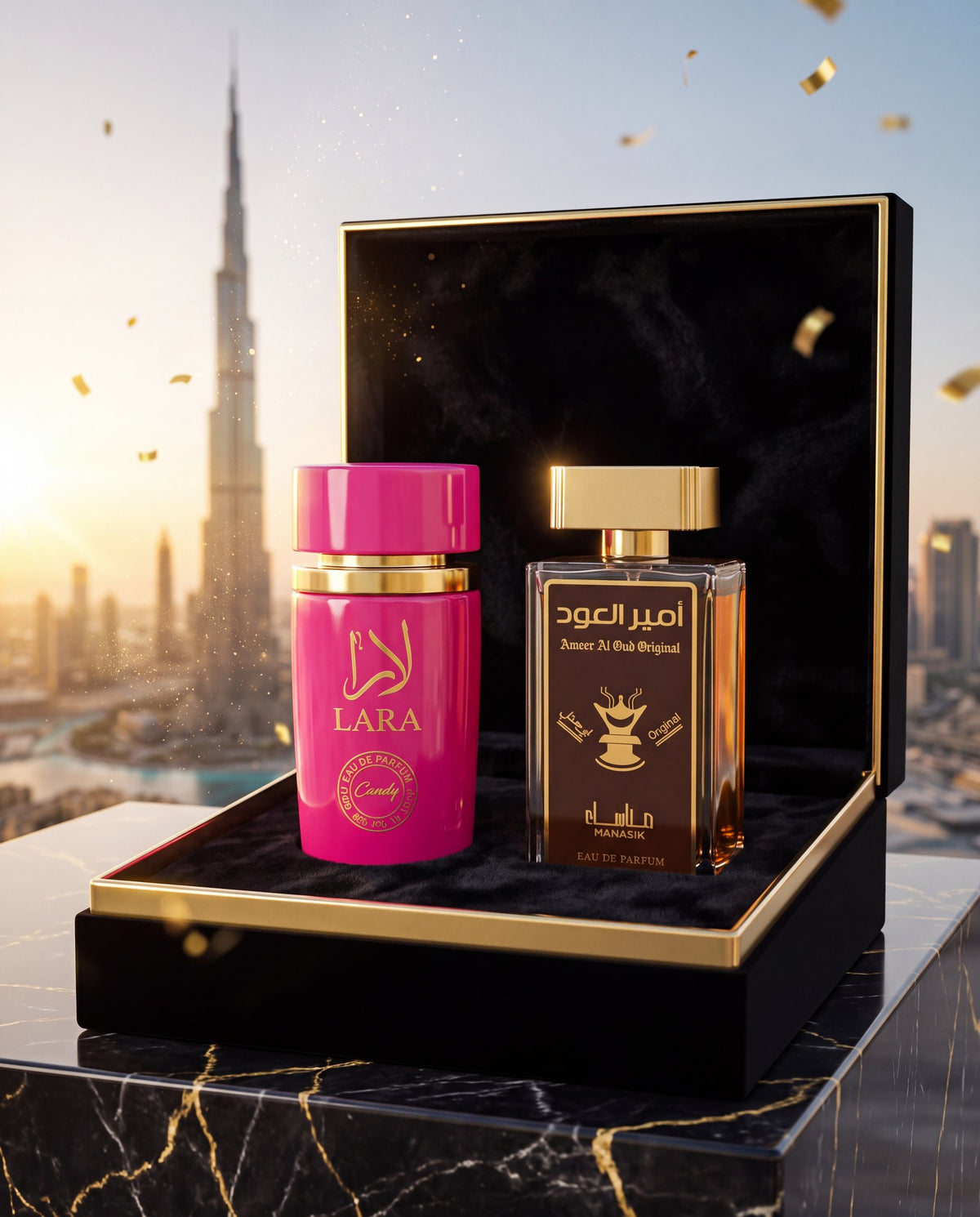 Iubiții din Dubai: 2 parfumuri în cutia Lux Dubai, cu Dubaiul la apus în fundal