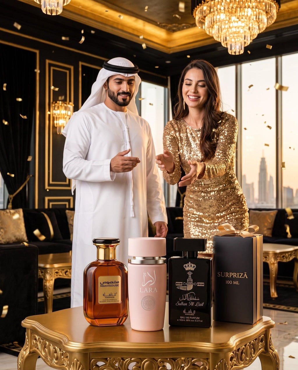 Lovitura de Aur: parfumurile din pachet și surpriza de 100 ml în cutia neagră SURPRIZĂ, cu un șeic și o femeie elegantă, în Dubai