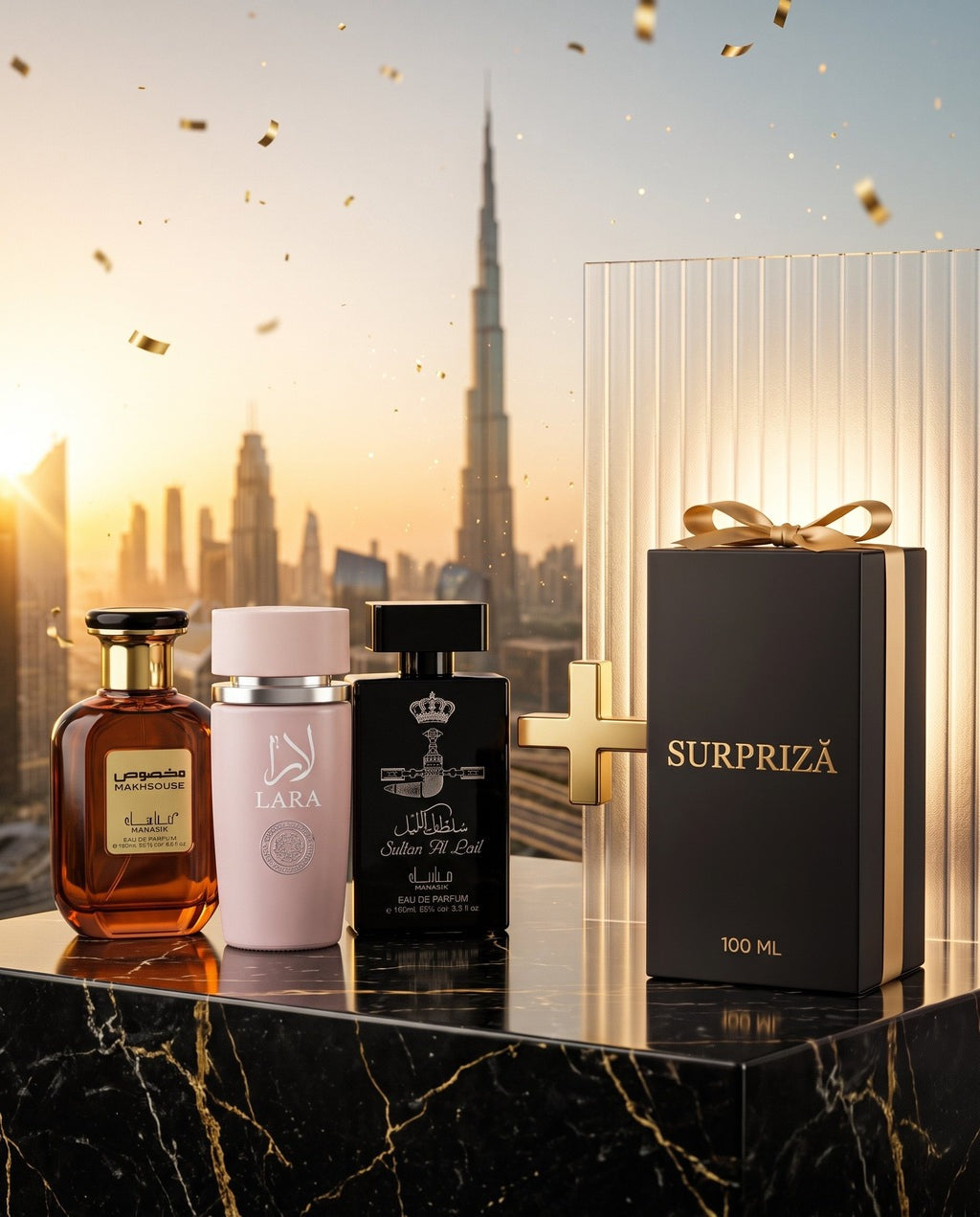Lovitura de Aur: 3 parfumuri și o surpriză de 100 ml, în cutia neagră SURPRIZĂ