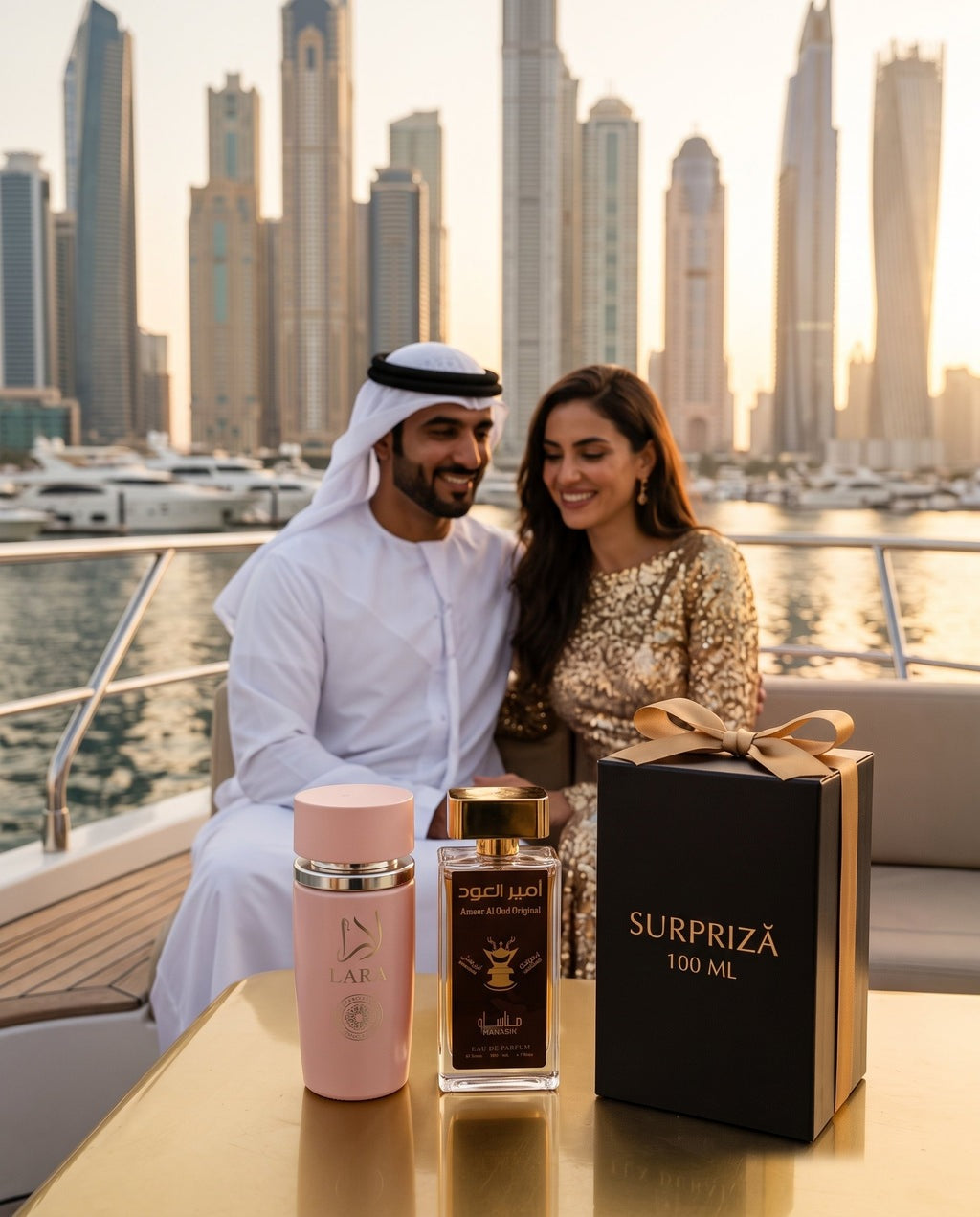 Luna de Miere în Dubai: parfumurile din pachet și surpriza de 100 ml în cutia neagră SURPRIZĂ, cu un șeic și o femeie elegantă, în Dubai