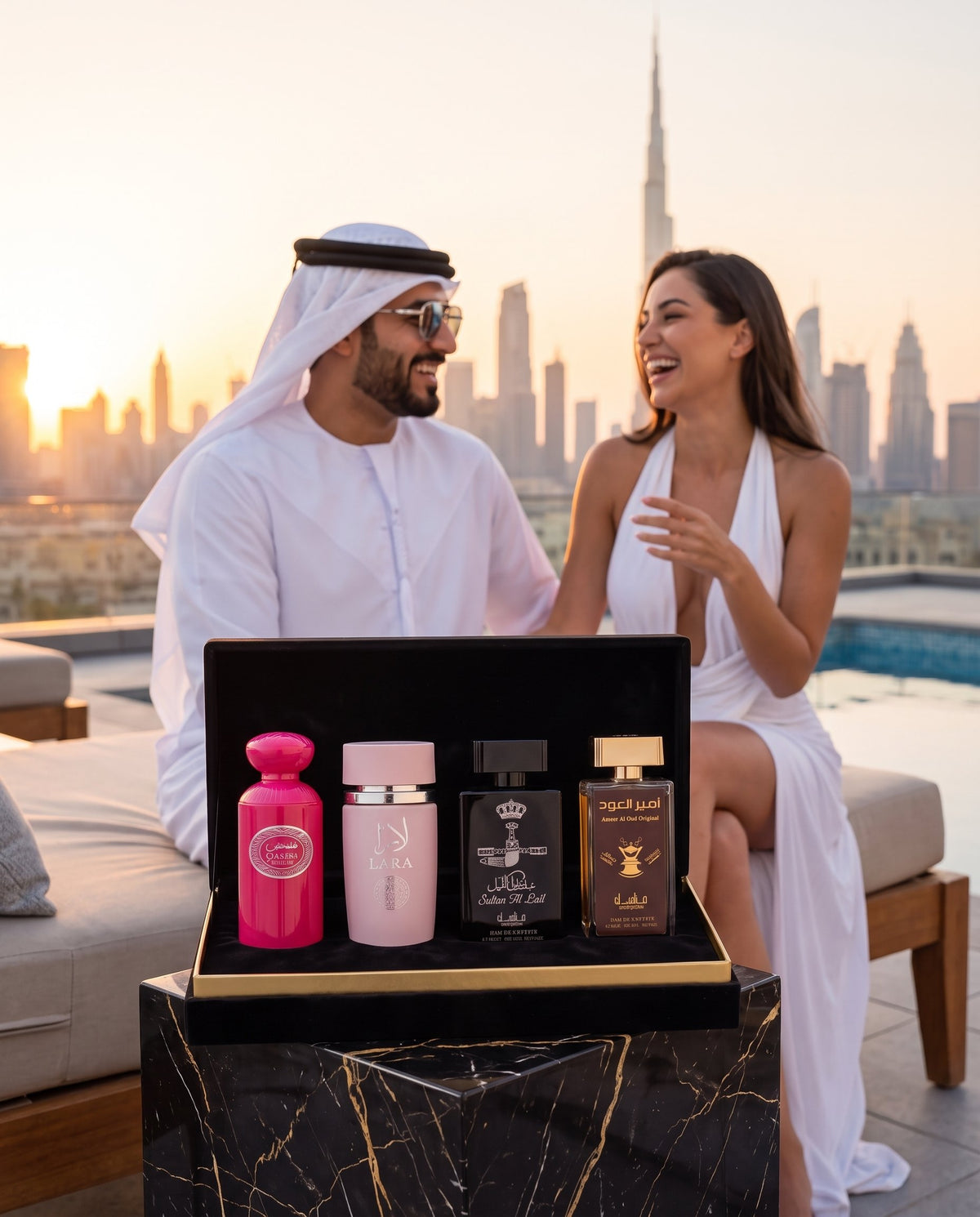 Weekend în Dubai: parfumurile din pachet, cu un șeic și o femeie elegantă, în Dubai