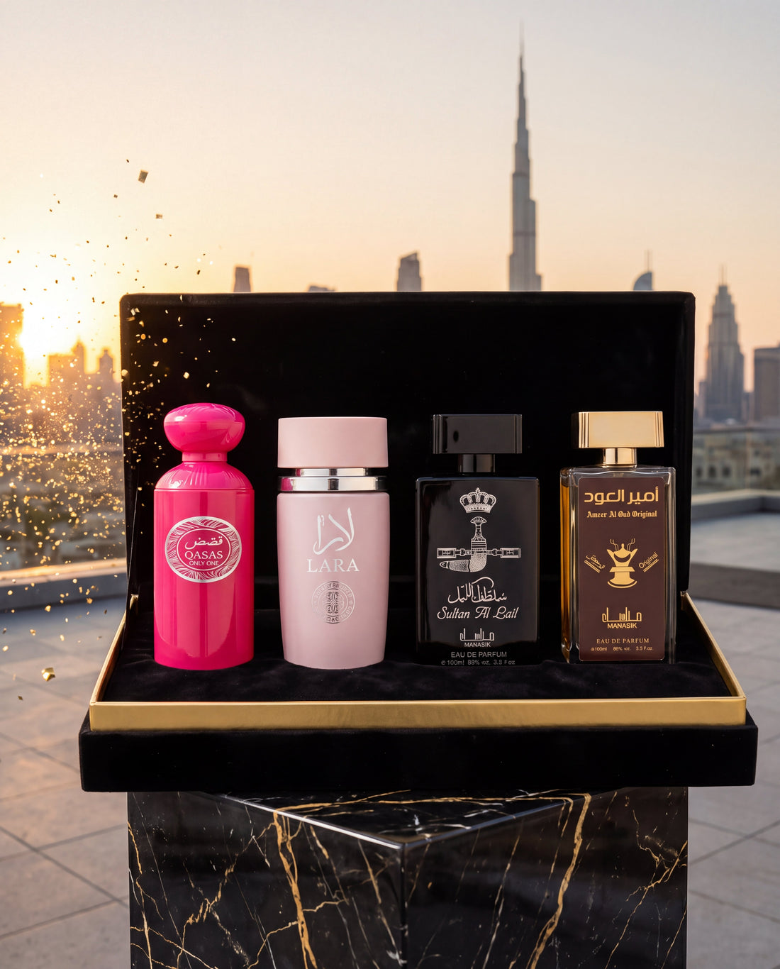 Weekend în Dubai: 4 parfumuri în cutia Lux Dubai, cu Dubaiul la apus în fundal