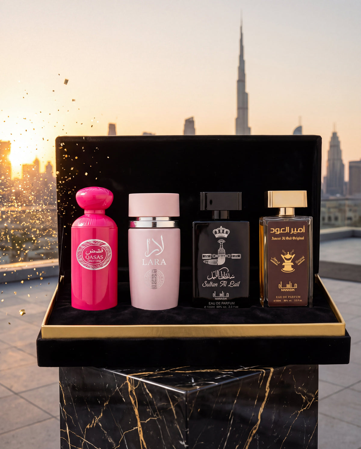 Weekend în Dubai: 4 parfumuri în cutia Lux Dubai, cu Dubaiul la apus în fundal