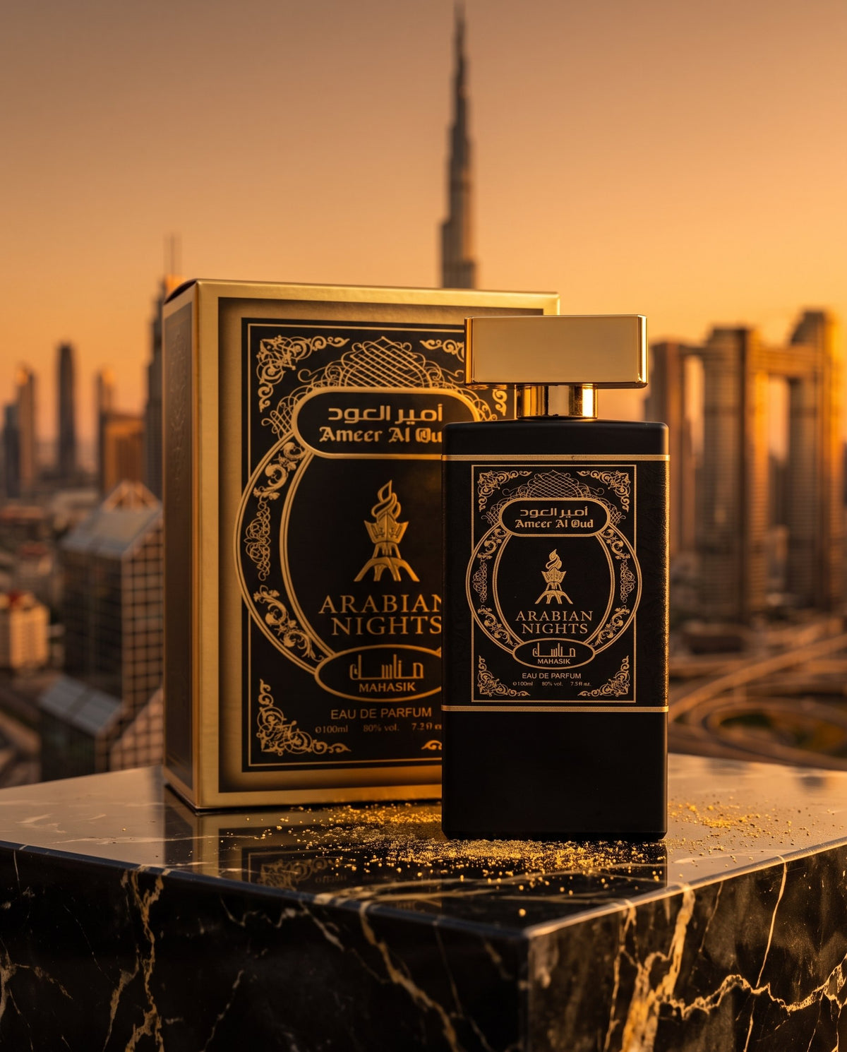Ameer Al Oud Arabian Nights, produs și cutie pe marmură neagră, cu Dubaiul în spate