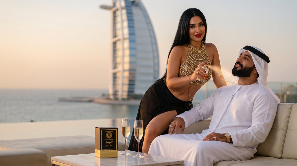 Femeie care pulverizează parfumul Haiba pe gâtul unui șeic, pe o terasă cu Burj Al Arab