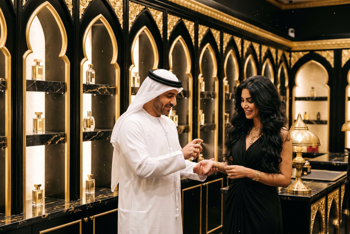 Un șeic cu ghutra albă pulverizează parfum pe încheietura unei femei elegante, într-un salon negru cu arcade aurii