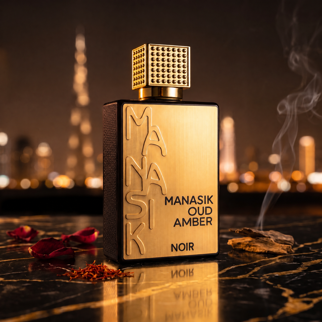 Oud Amber Noir, sticla și cutia