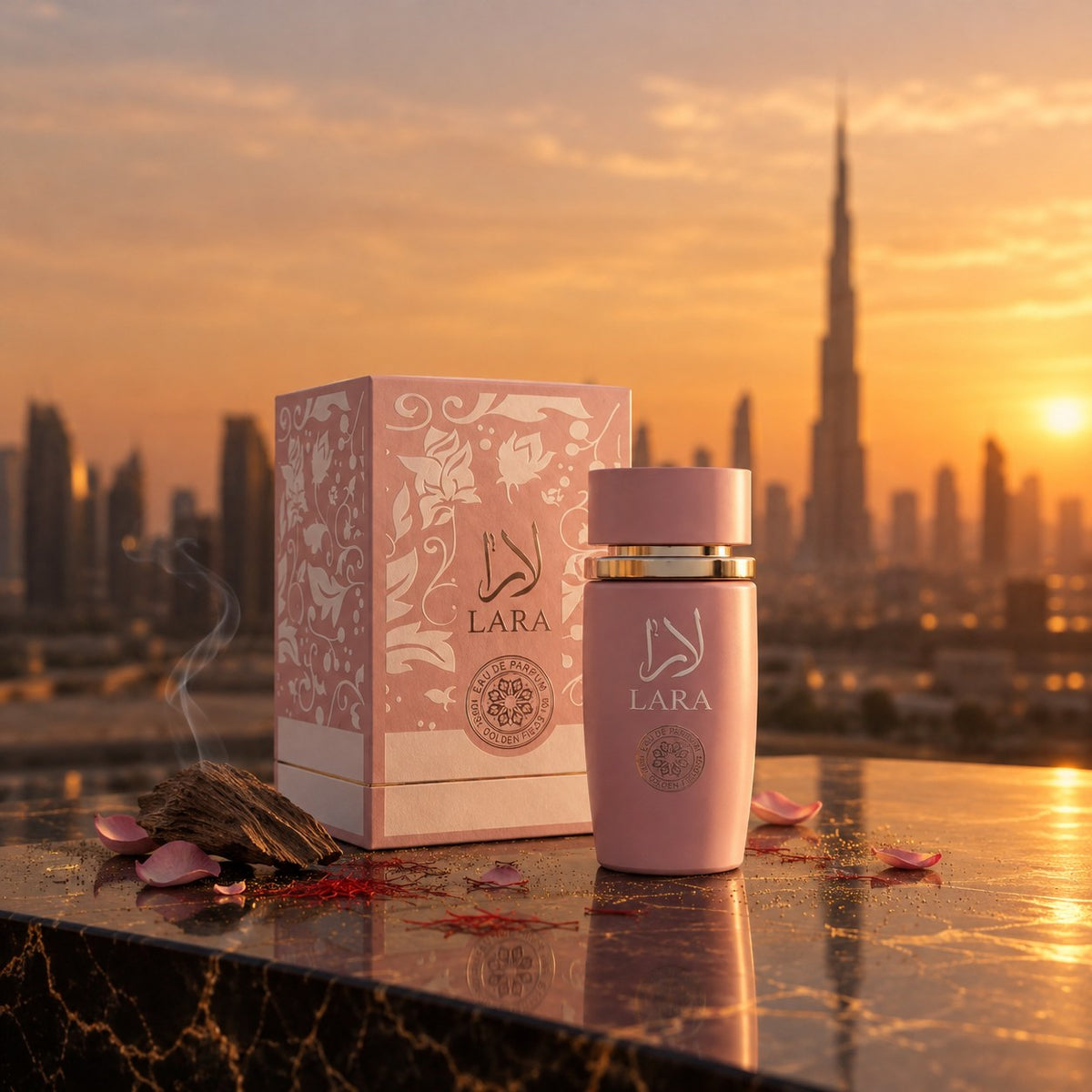 Lara Pink, pe marmură neagră, cu Dubaiul la apus în fundal