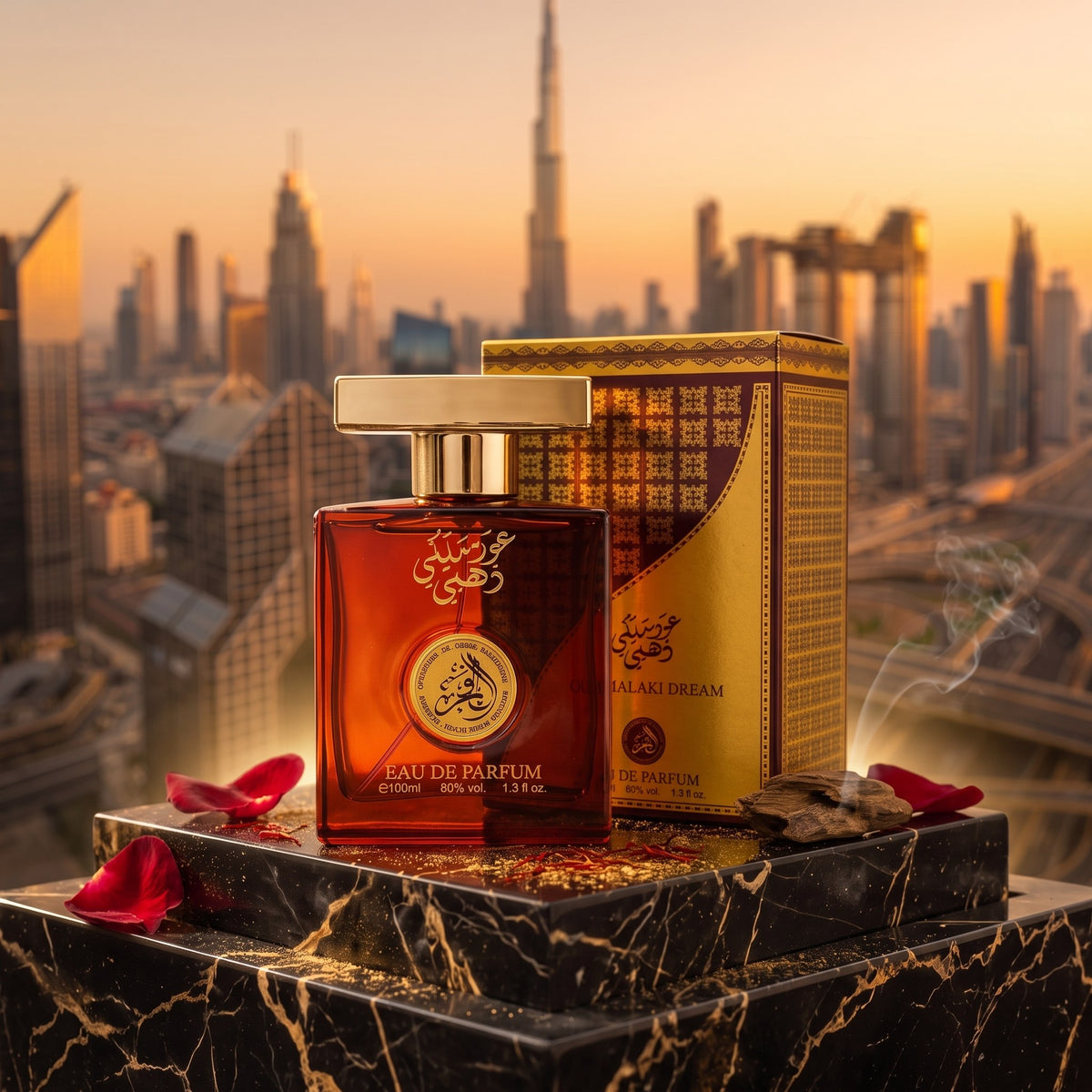 Oud Malaki Dahabi, pe marmură neagră, cu Dubaiul la apus în fundal