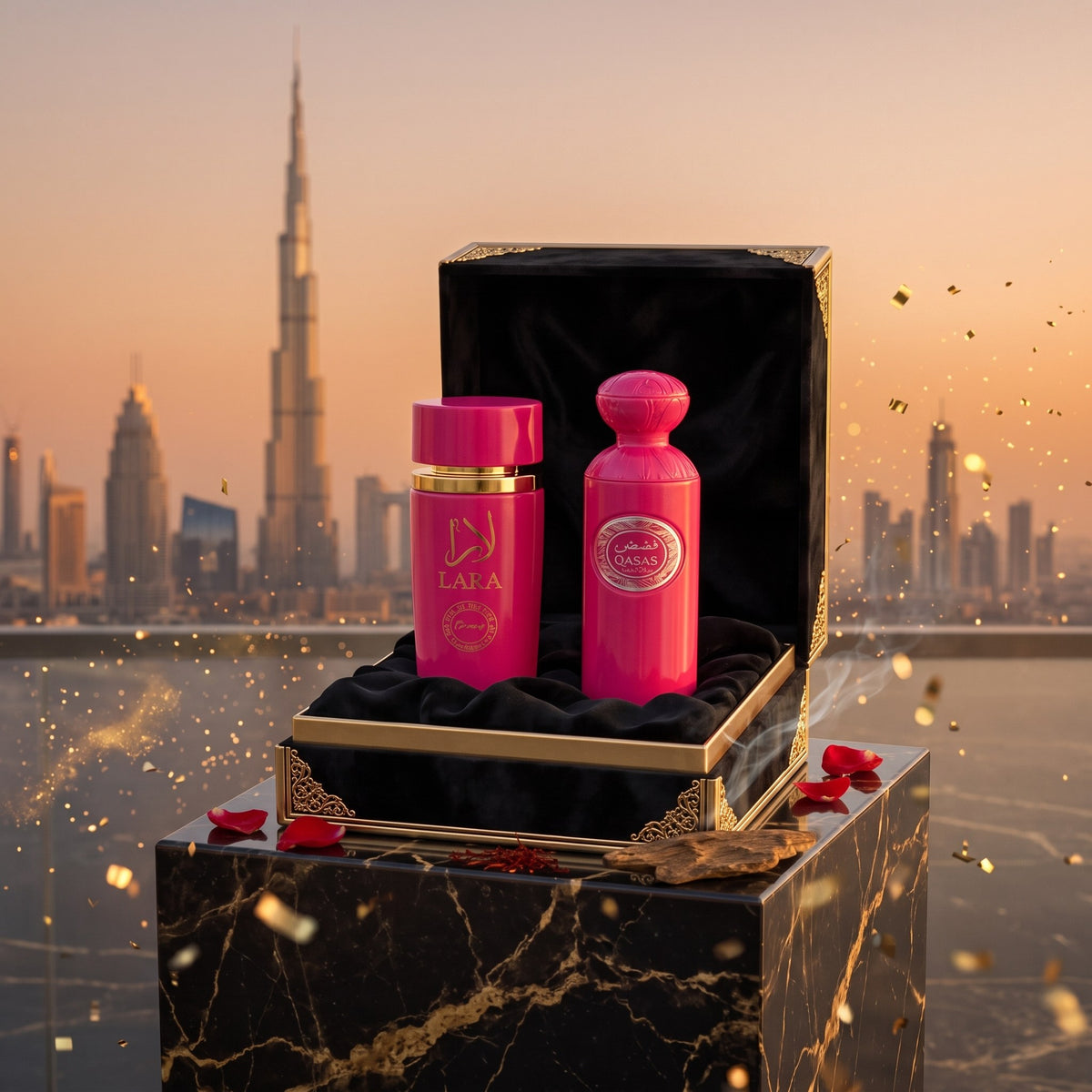 Duo Divelor, pe marmură neagră, cu Dubaiul la apus în fundal