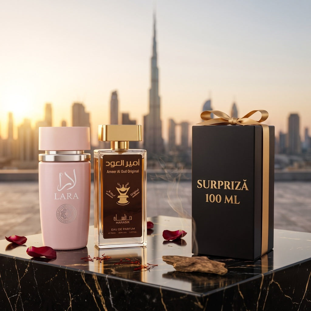 Luna de Miere în Dubai, pe marmură neagră, cu Dubaiul la apus în fundal