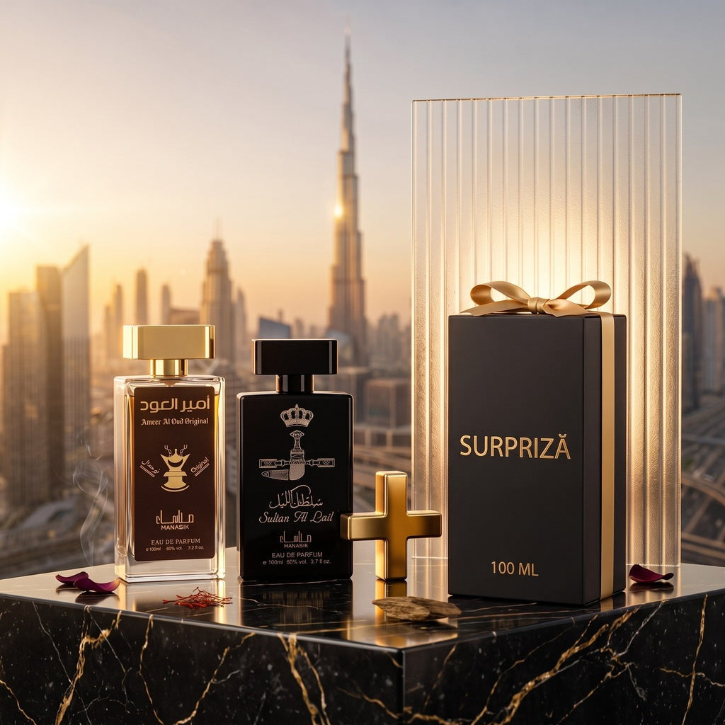 Miros de Boss, pe marmură neagră, cu Dubaiul la apus în fundal