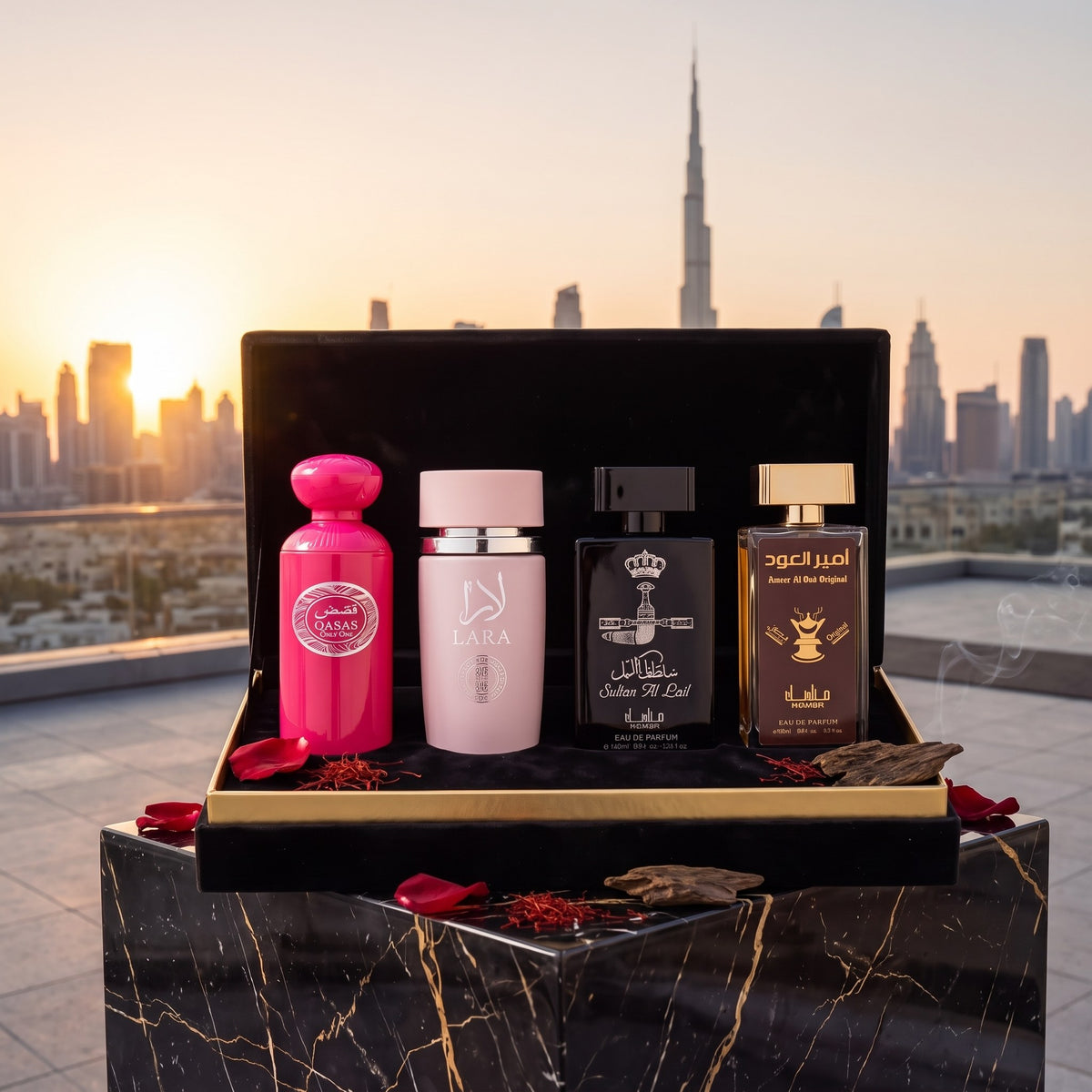 Weekend în Dubai, pe marmură neagră, cu Dubaiul la apus în fundal