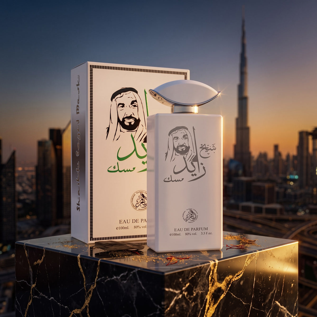 Shaikh Zayed Musk, pe marmură neagră, cu Dubaiul la apus în fundal
