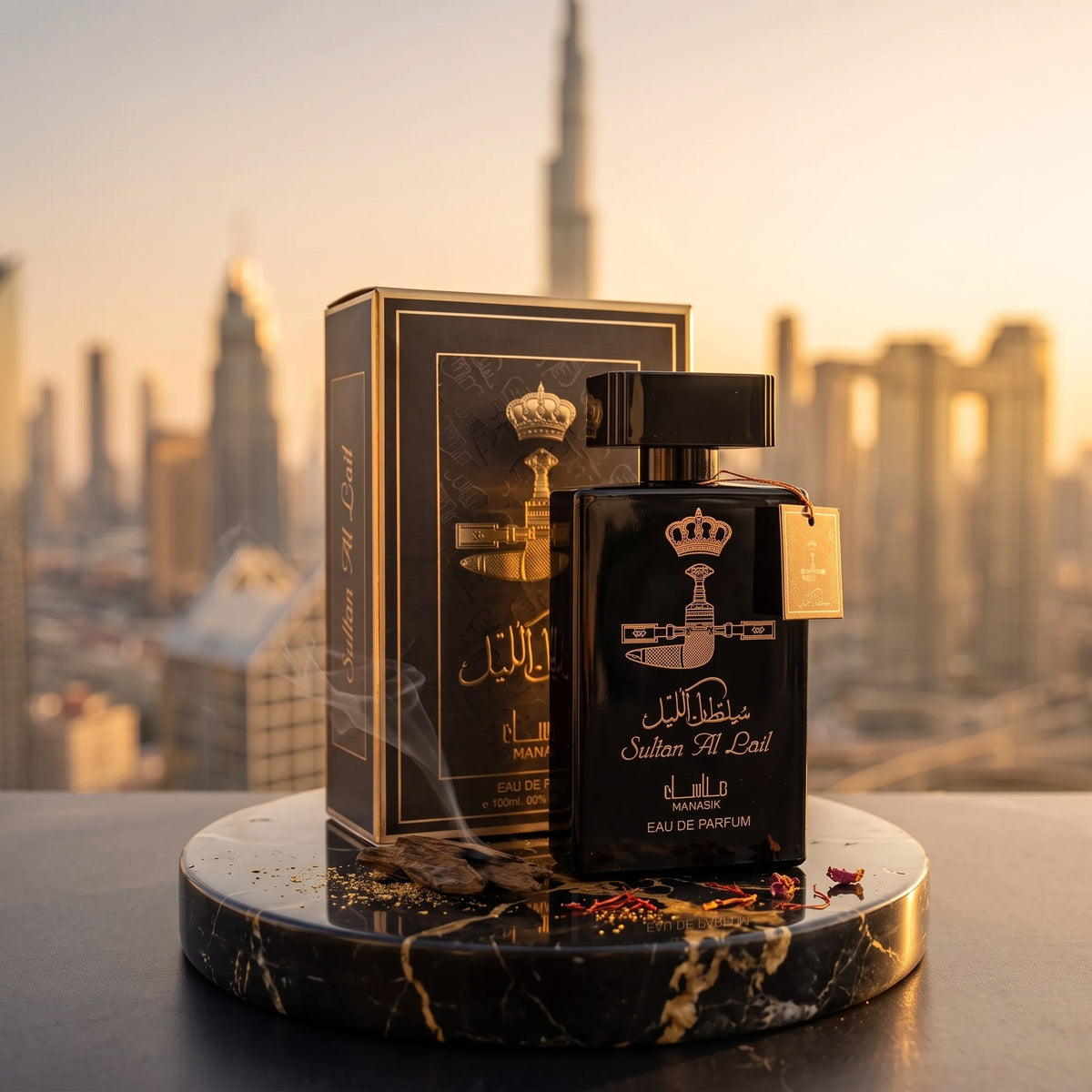 Sultan Al Lail, pe marmură neagră, cu Dubaiul la apus în fundal