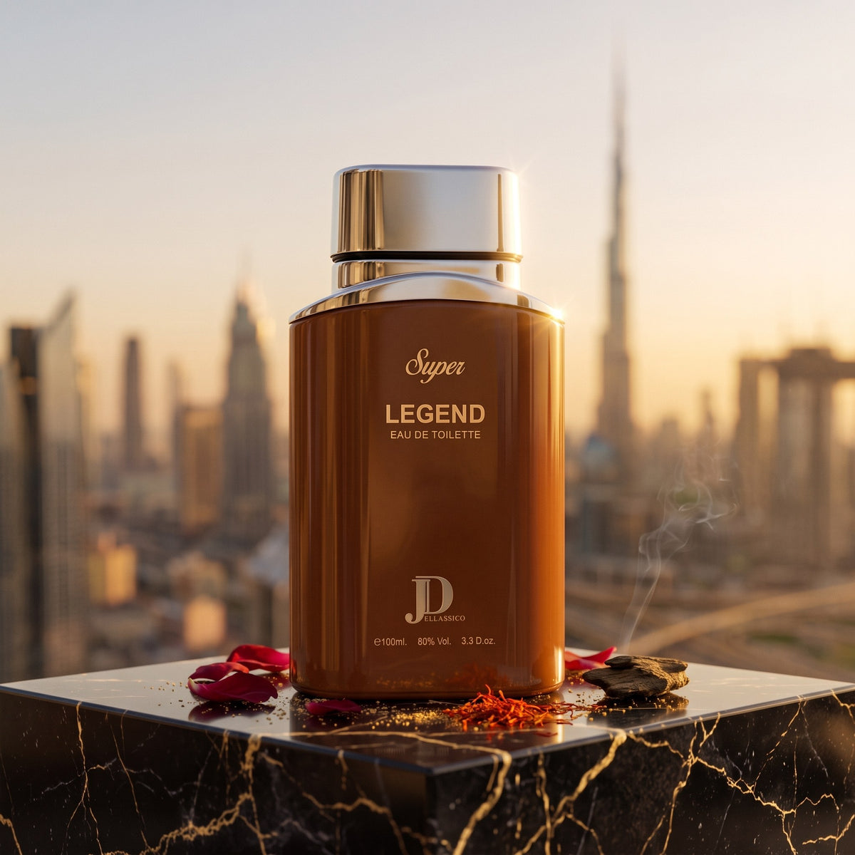 Super Legend, pe marmură neagră, cu Dubaiul la apus în fundal